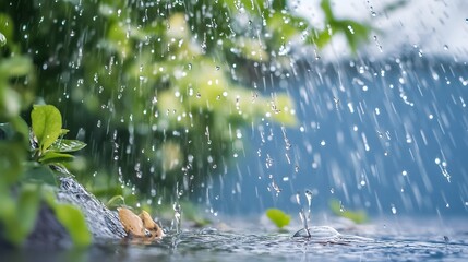Fototapeta premium Refreshing Rain Drops Falling on Lush Greenery