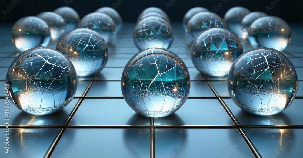 Poster Glass spheres rest upon grid surface. Fractured patterns visible within some orbs, creating luminous effect. Dark background enhances contrast.