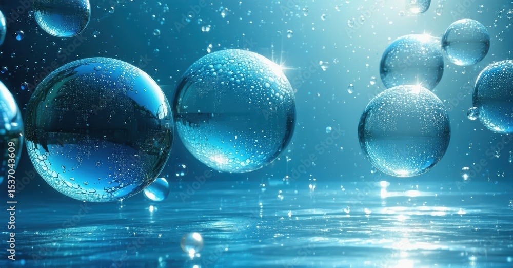 Poster blue bubbles float above reflective surface. light creates sparkling effect, suggesting purity, fres