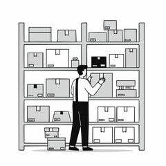 Create a minimalist monochrome SVG illustration of a warehouse worker organizing shelves with online store products. Flat vector, logistics concept