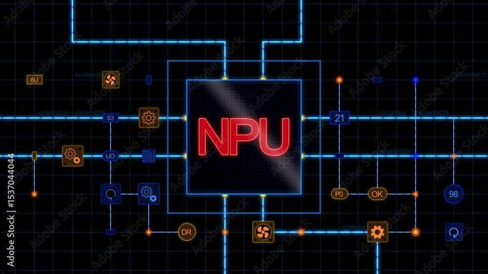 Poster red npu at the center of a square with circuit, connections and blue grid on a dark background. anim