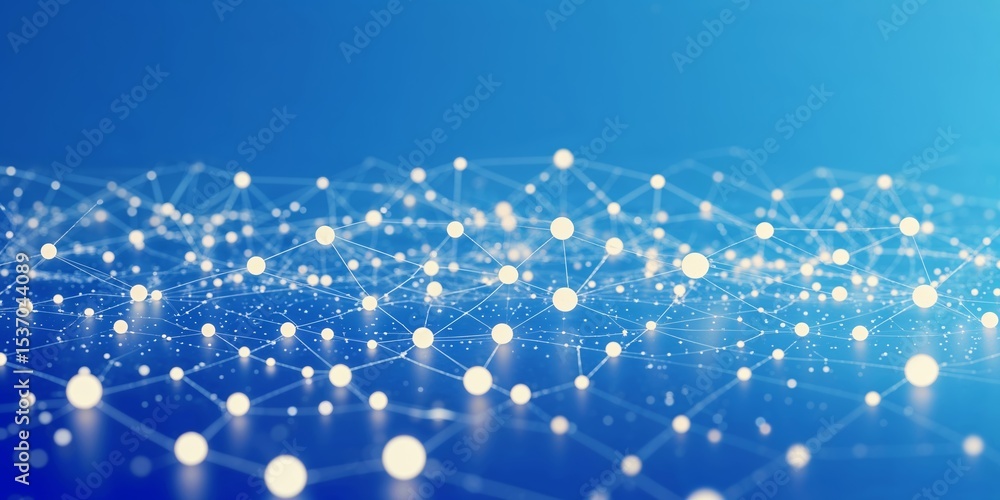 Poster network of interconnected nodes creates a digital landscape with luminous points on a blue backgroun