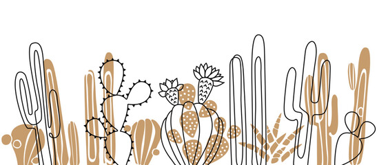 Cactus set. Horizontal pattern with cacti on a white background. Vector illustration.