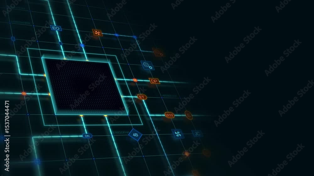 Aufkleber black 3d chip in a square with glowing circuit, line connections and blue grid at the left of a dark