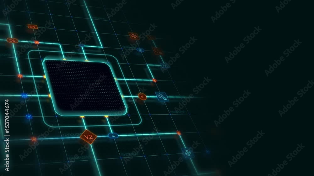 Poster black 3d chip in a rounded rectangle with glowing circuit, line connections and blue grid at the lef