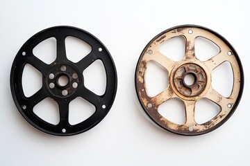 Obraz premium Two vintage film reels, one dark and one light