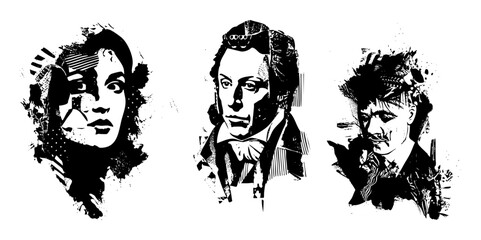 Vector Dramatic portraits of composers in bold monochrome vector style.