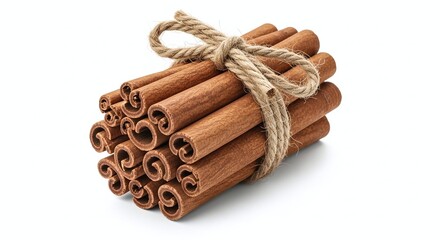 Bundle of cinnamon sticks tied with jute rope, isolated on white background. Generative AI