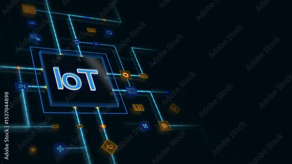Poster blue 3d iot in a square with circuit, connections and blue grid at the left of a dark background, ho