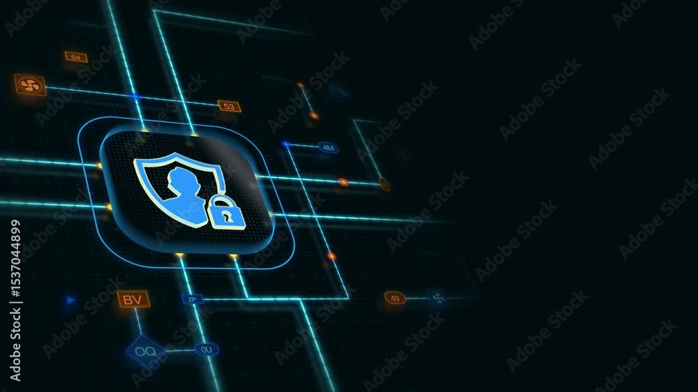 Poster blue 3d privacy data icon in a rounded rectangle with circuit, connections and blue grid at the left