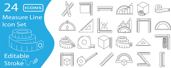 Editable Stroke Measure Line Icon Set, featuring 24 linear tools, including icons for ruler, tape, cube, and angle – ideal for educational, business, and technical applications.