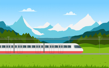 Train travel landscape concept. Summer landscape with train. Vector stock