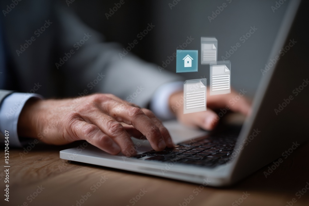 Poster person is using laptop to manage digital real estate documents, showcasing hands typing keyboard wit