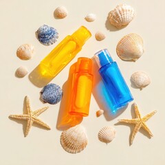 Summer sun care products with seashells and starfish