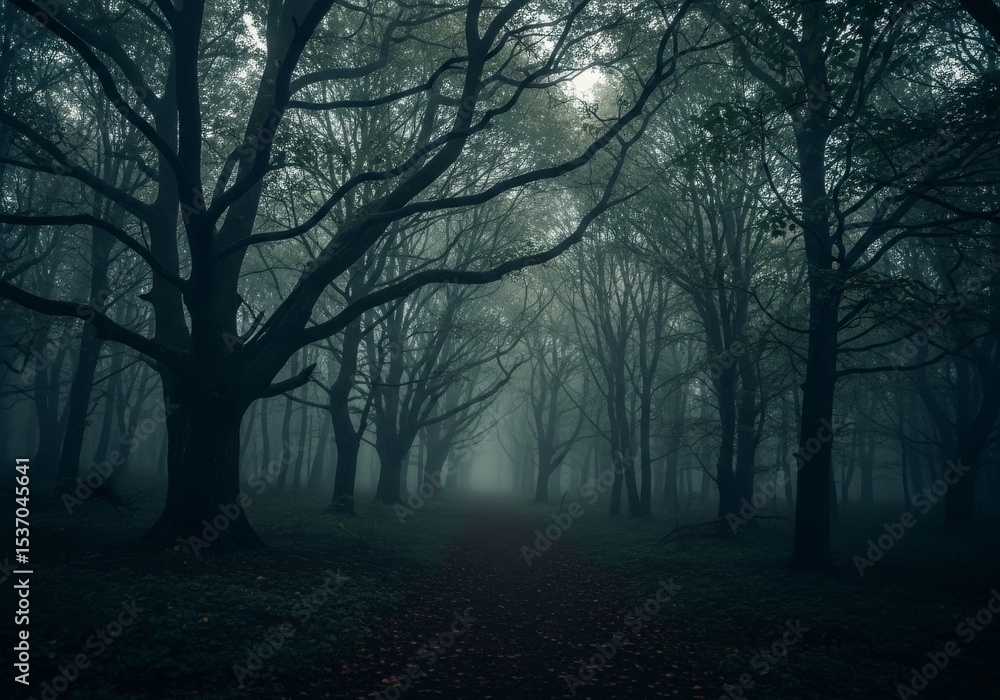 Poster misty forest path - a mysterious path winds through a dense, fog-shrouded forest. the trees are dark