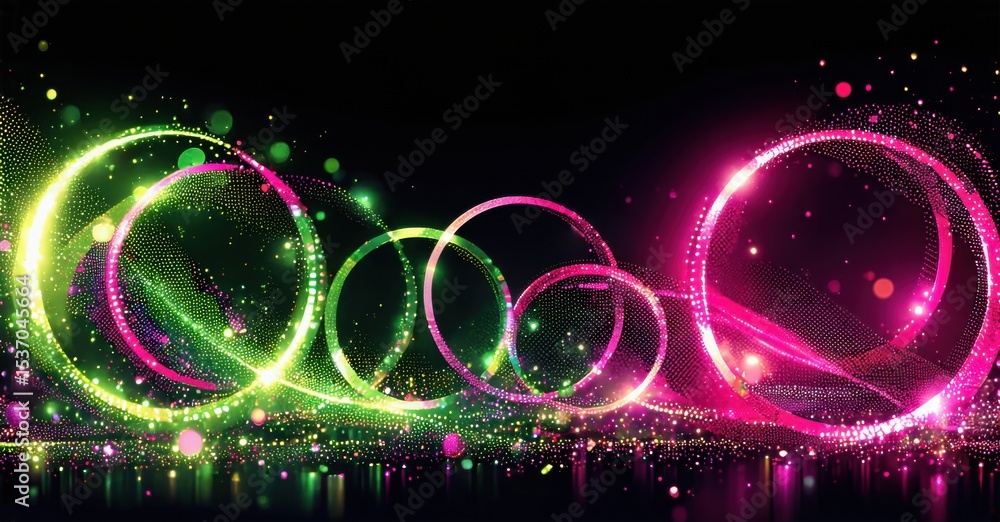 Aufkleber Bright neon circles overlap black background. Vibrant colors create dynamic energy, glowing particles add visual interest.