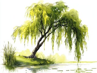 Artistic representation of a weeping willow tree beside a peaceful pond.