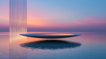 Futuristic disc hovering over calm water at sunset, with radiant beams and surreal ambiance. Ideal for tech, design, meditation, or conceptual visuals.