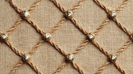 Fototapeta premium Fishing net darning background with diamond patches on natural cord, coastal craft texture.