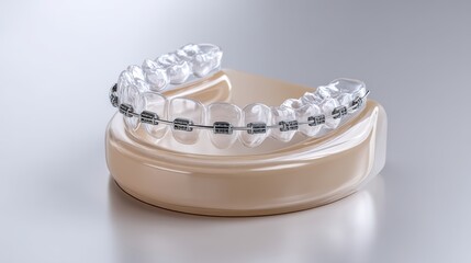 A transparent dental aligner with metal braces on a dental mold, illustrating modern orthodontic treatment options.