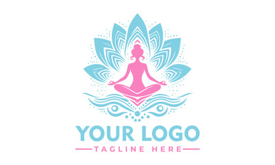 Serene woman meditating in lotus pose surrounded by a beautiful blue and pink lotus flower. Spiritual wellness concept