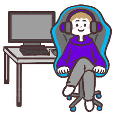 	パソコンの前でゲーミングチェアに座る人のイラスト
