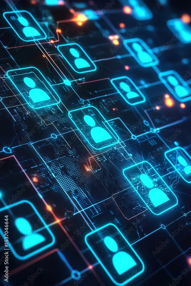 Poster illustration of interconnected user icons symbolizing teamwork in a digital environment.