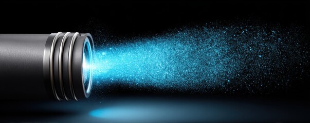 Fuel energy spray concept. A close-up view of a spray nozzle emitting a fine mist of blue particles against a dark background, conveying a sense of motion and dynamism.