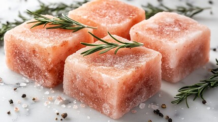 Pink Himalayan salt blocks with rosemary sprigs artisanal cooking white marble