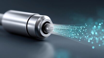 Fuel energy spray concept. A metallic nozzle releasing fine streams of particles against a soft-focus background, illustrating fluid dynamics or spray technology.