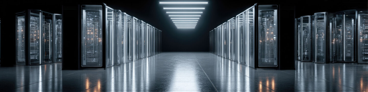 Futuristic Data Center: Modern Server Racks Illuminated by LED Lights in High-Tech Industrial Environment. Virtual Reality Production Backdrop with Reflective Surfaces and Precision Engineering