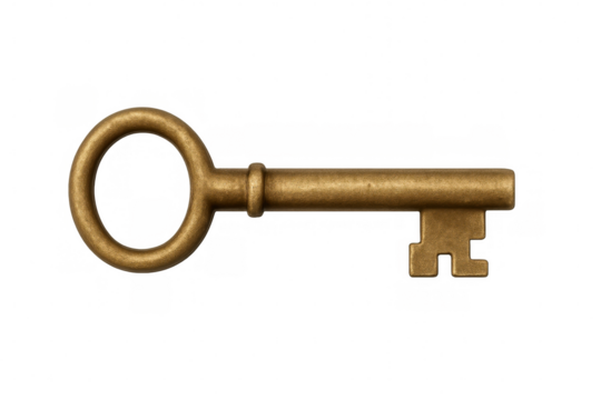 Vintage golden key against transparent backdrop, symbolizing unlocking secrets, security, heritage