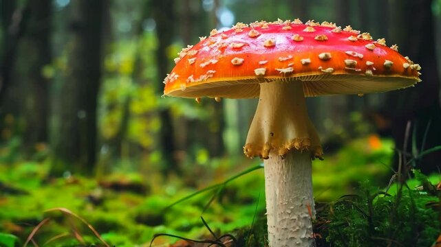 Close up video view of a fly agaric mushroom, also known as amanita muscaria, in a forest during summer or autumn.
