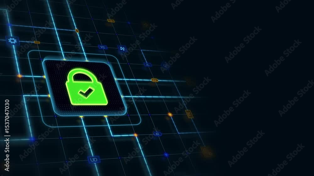Poster green 3d checkmark security lock in a rounded rectangle with circuit, connections and blue grid at t