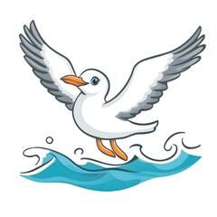 Cartoon seagull flying over waves