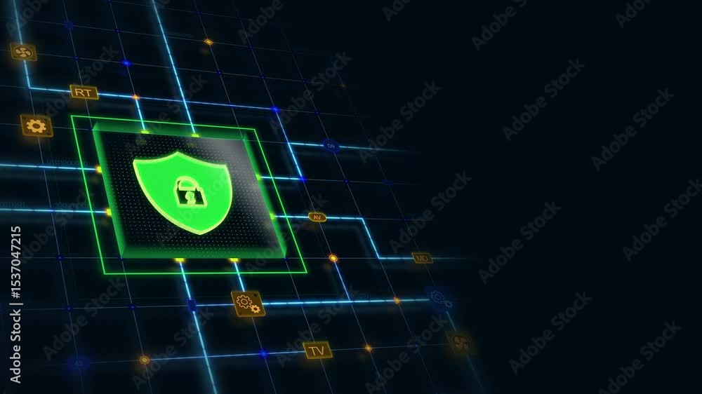 Aufkleber green 3d shield lock in a square with circuit, connections and blue grid at the left of a dark backg