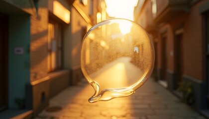 Floating Liquid Bubble on Narrow City Street at Sunset