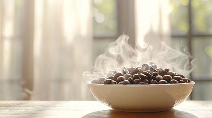 35mm environmental shot of caf crme f14 rendering soft focus steamy background while keeping crema texture sharp morning light through sheer curtains illuminating coffee beans