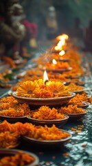 Illuminated Row of Candle Bowls Adorned with Marigolds for Ceremony