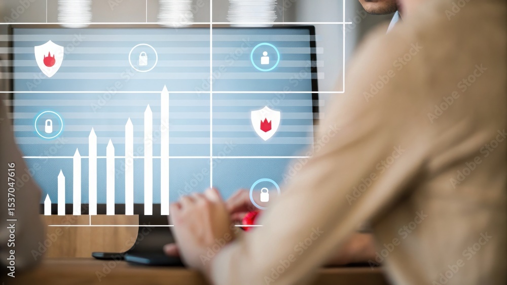 Poster two people analyze cybersecurity data on a computer screen displaying graphs, padlocks, and shield i