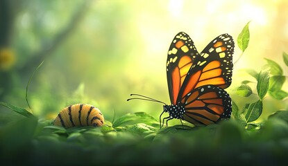 Butterfly and caterpillar in vibrant forest