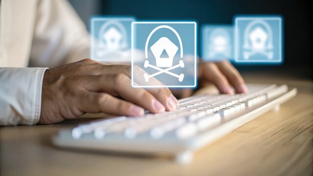 A person types on a keyboard with digital skull and crossbones icons, symbolizing cyber threats or hacking.