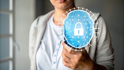 A person interacts with a virtual padlock icon, symbolizing digital security and data protection.