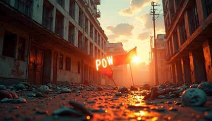 Street with Flags Under Setting Sun in War Scenery