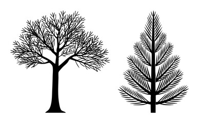 Obraz premium Vector Stylized deciduous and coniferous tree silhouettes showcase natural forms.