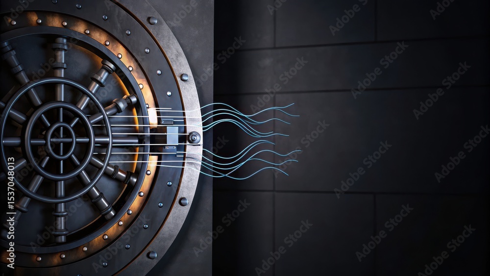 Poster a secure vault door is partially open, with digital lines representing cyber connections emerging fr