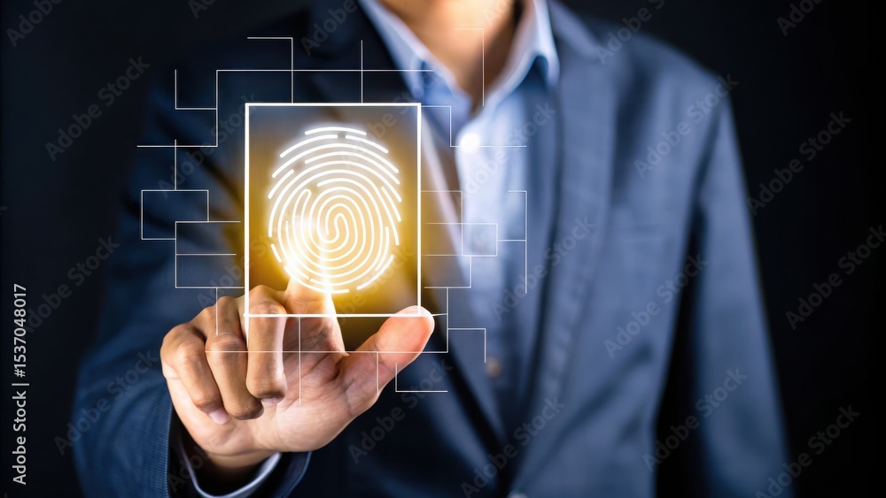 Poster a person in a suit uses a digital fingerprint scanner, representing security, identification, and bi