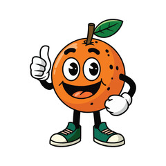 A cheerful cartoon orange character with big, expressive eyes smiling widely Orange has two legs and two arms