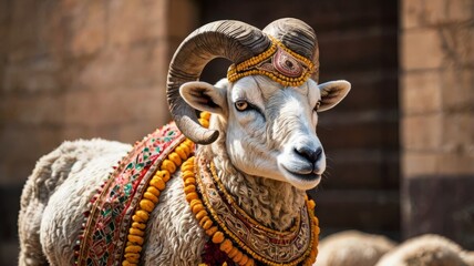 Decorated ram for the Muslim Feast of Sacrifice, Eid ul Adha.