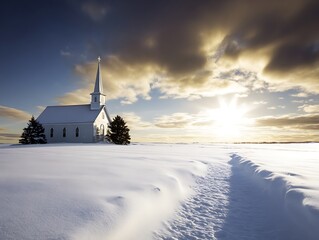 Snowy church landscape at sunset